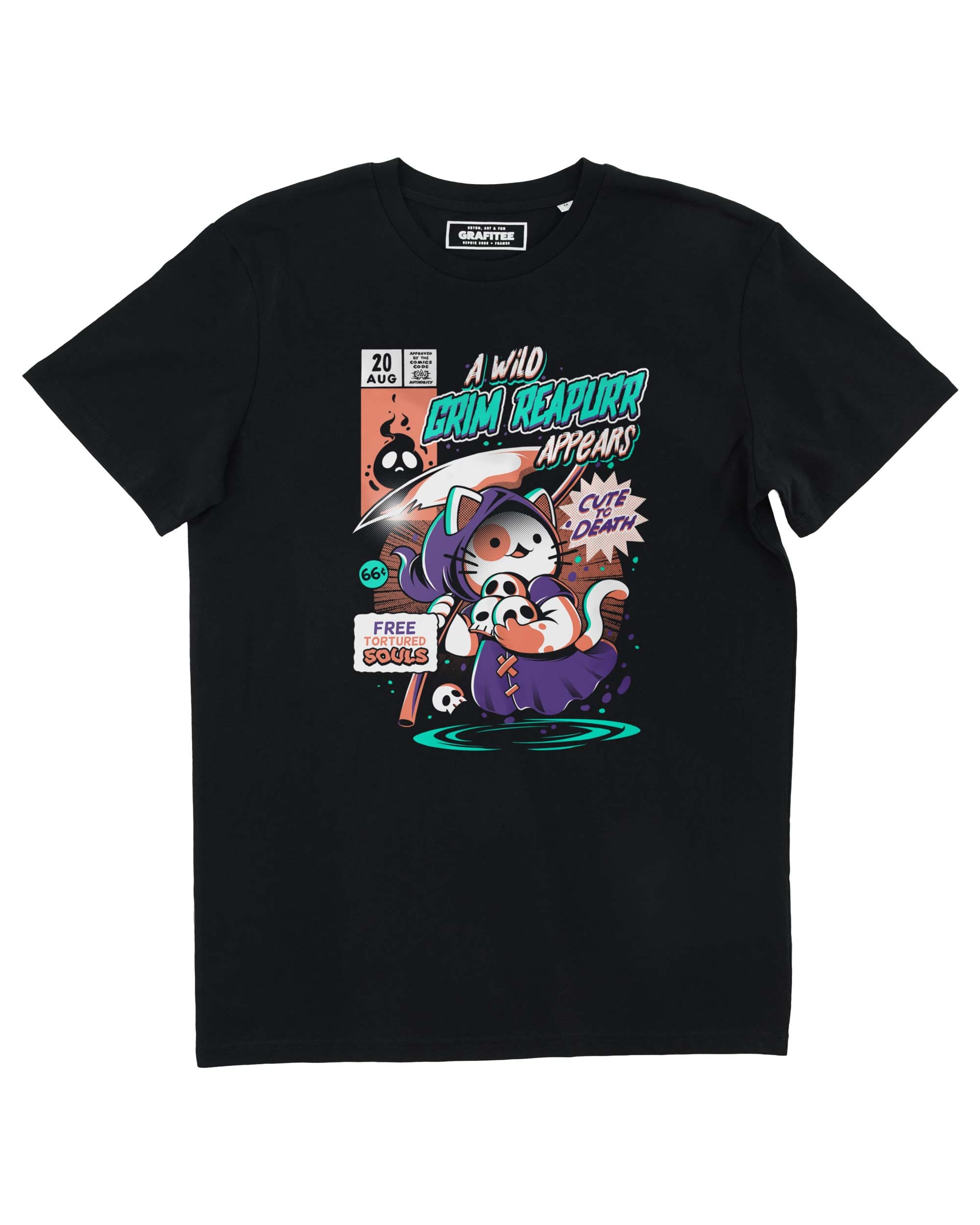 T-shirt unisex nera con stampa gatto Grim Reapurrr
