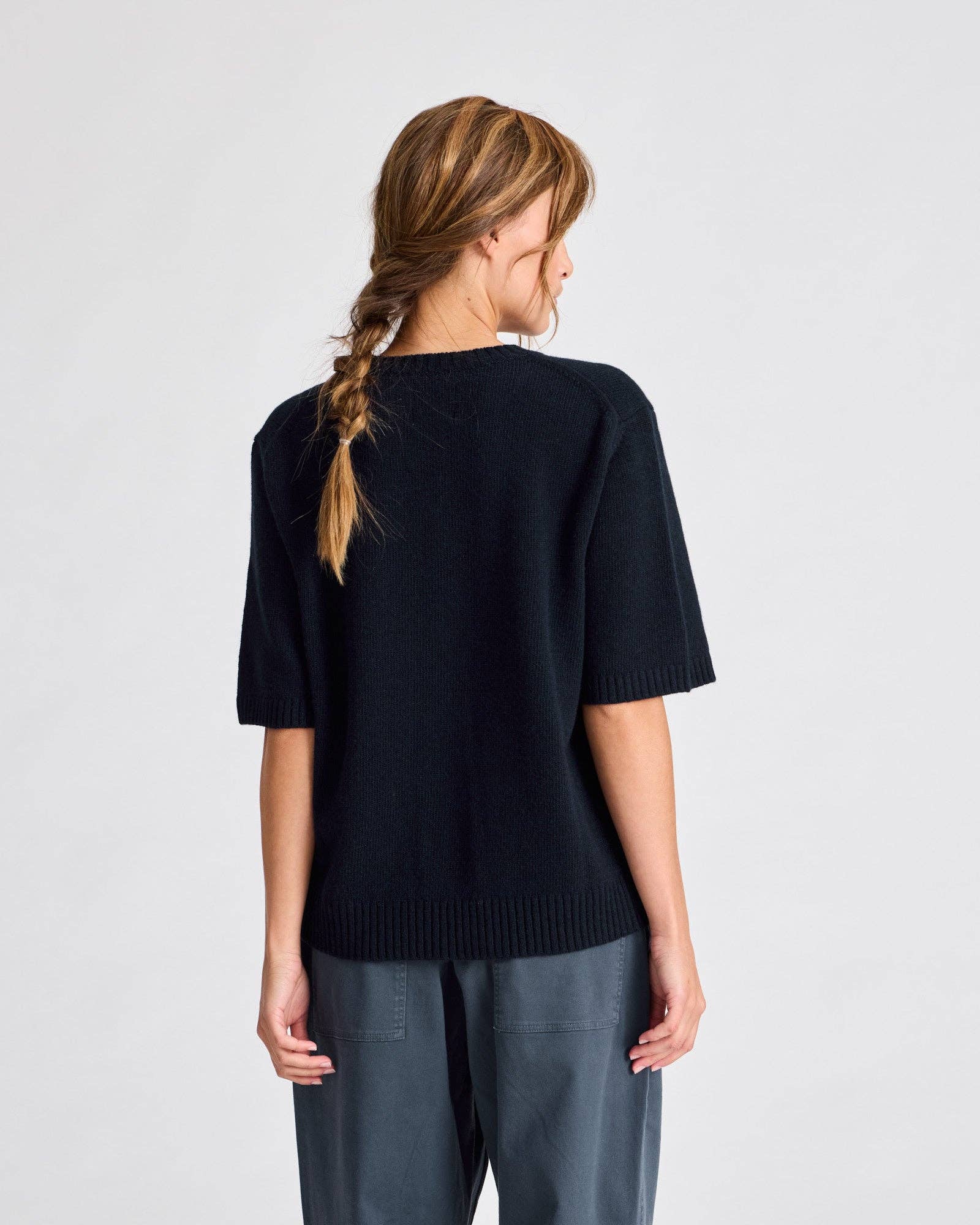 Maglione in lana d’agnello biologica a maniche corte Blu Notte