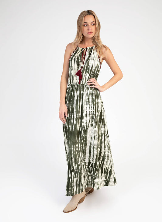 Abito lungo maxi khaki con stampa tie-dye