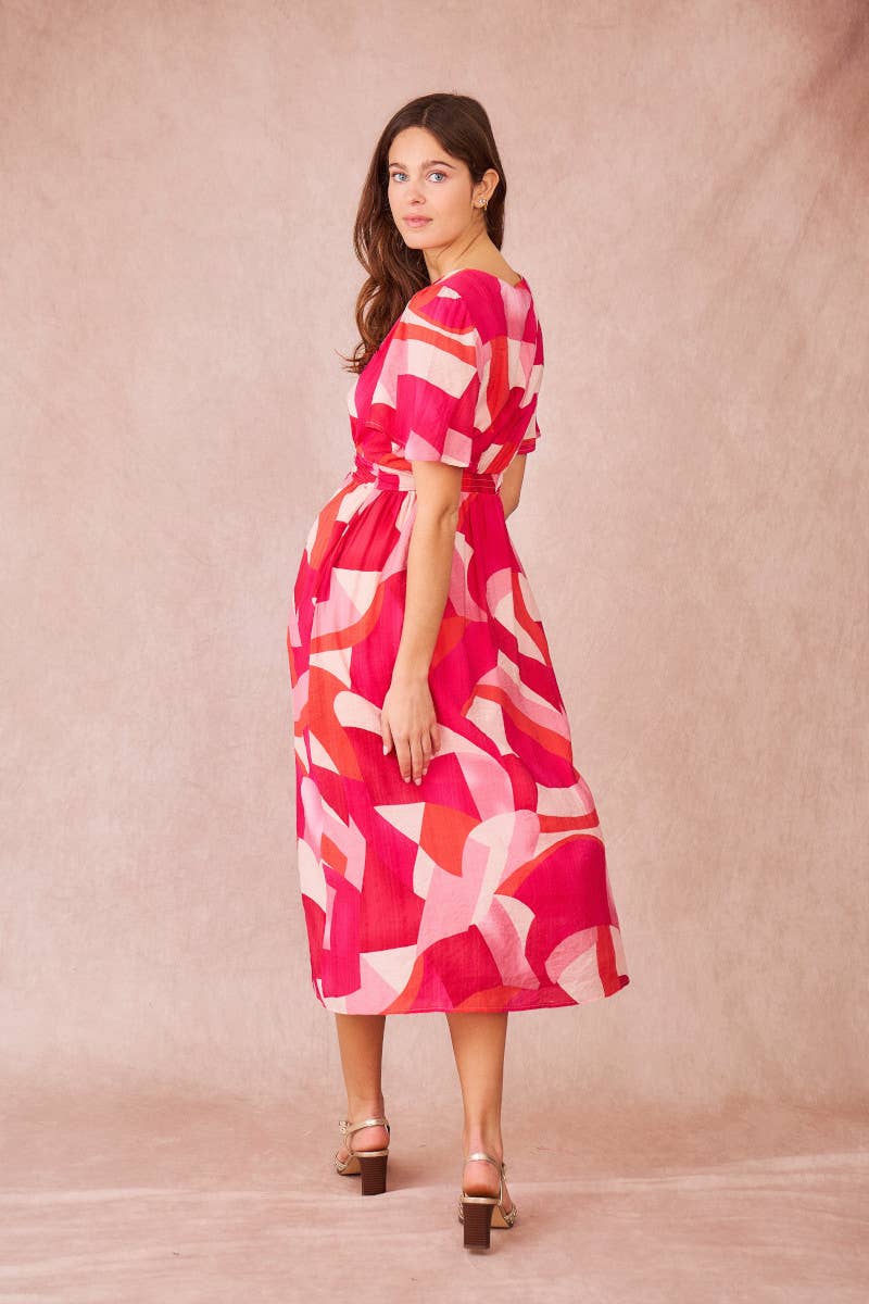 Vestito midi ELIAN con stampa astratta e scollo a V