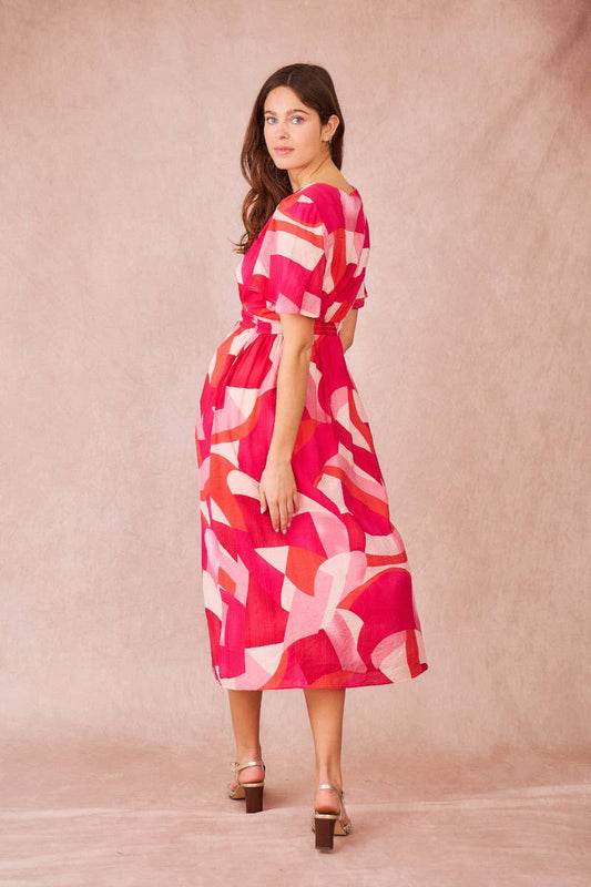 Vestito midi ELIAN con stampa astratta e scollo a V