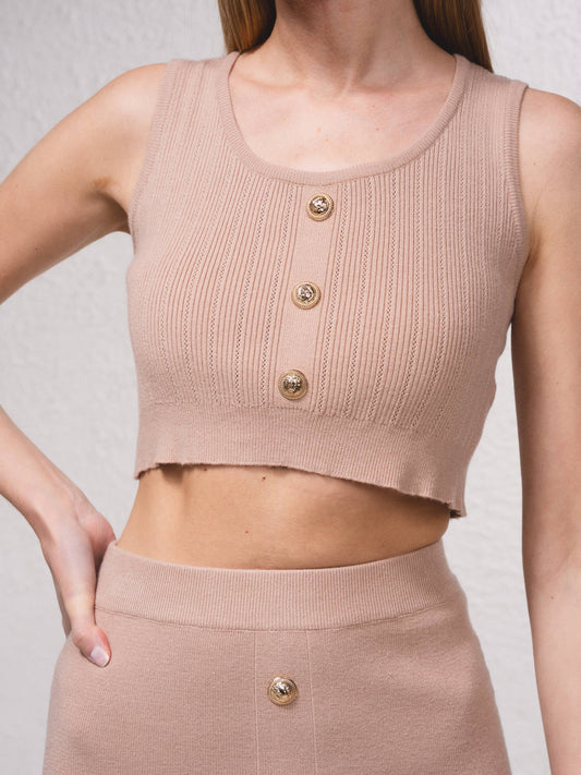 Top corto in maglia a costine con bottoni
