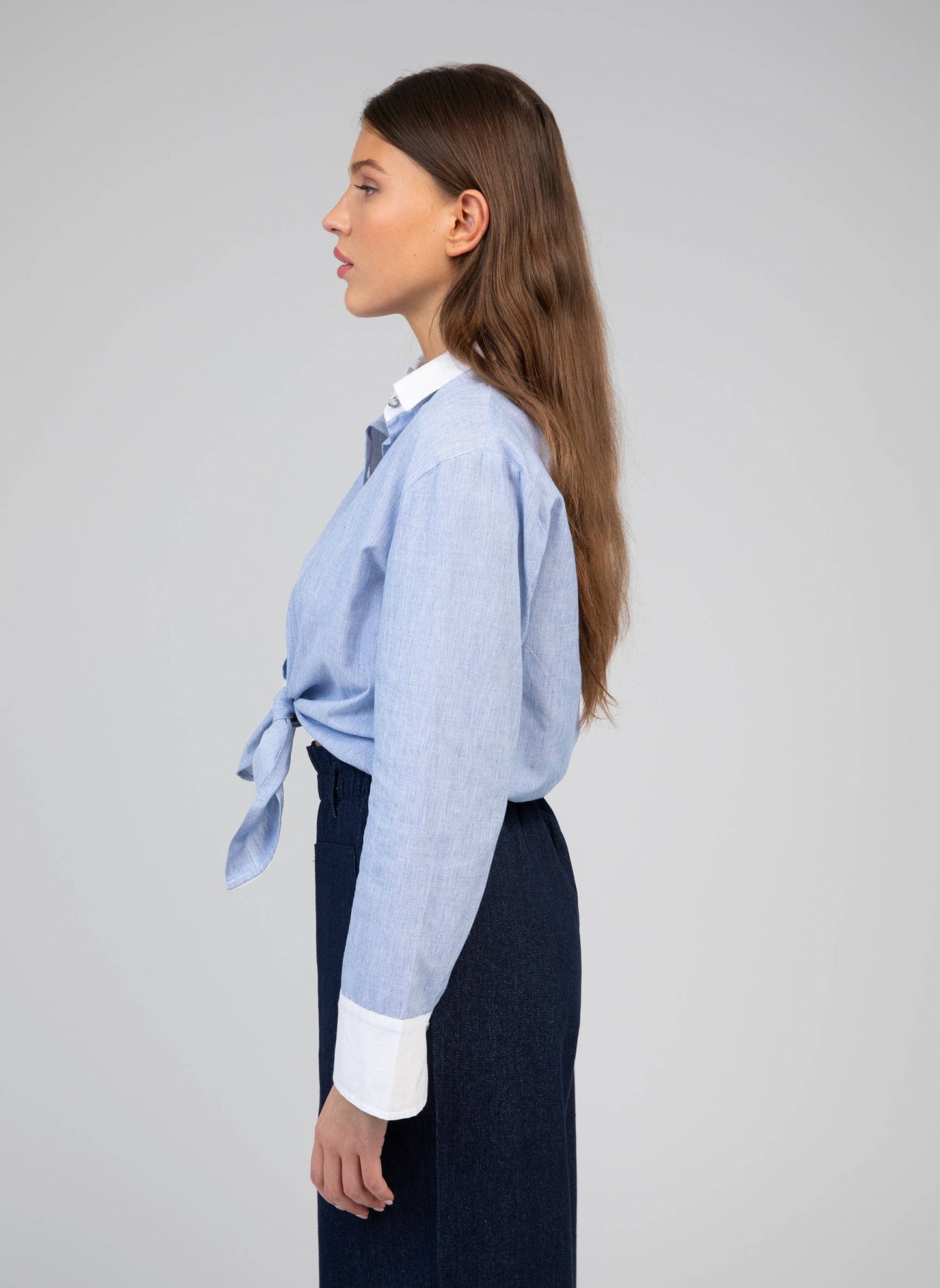 Camicia Senora blu in popeline di cotone con nodo