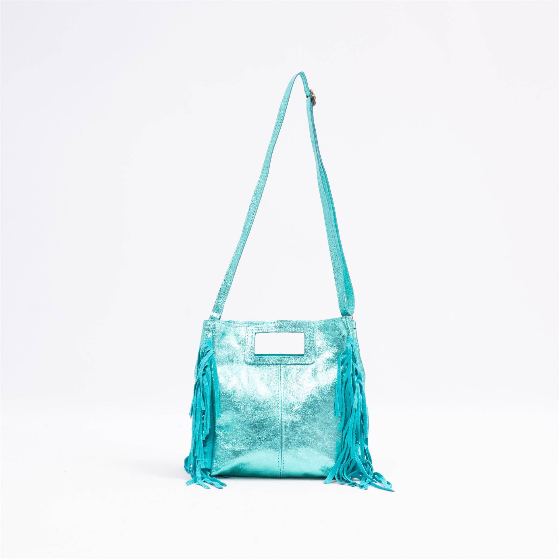 Borsa in pelle iridescente con frange