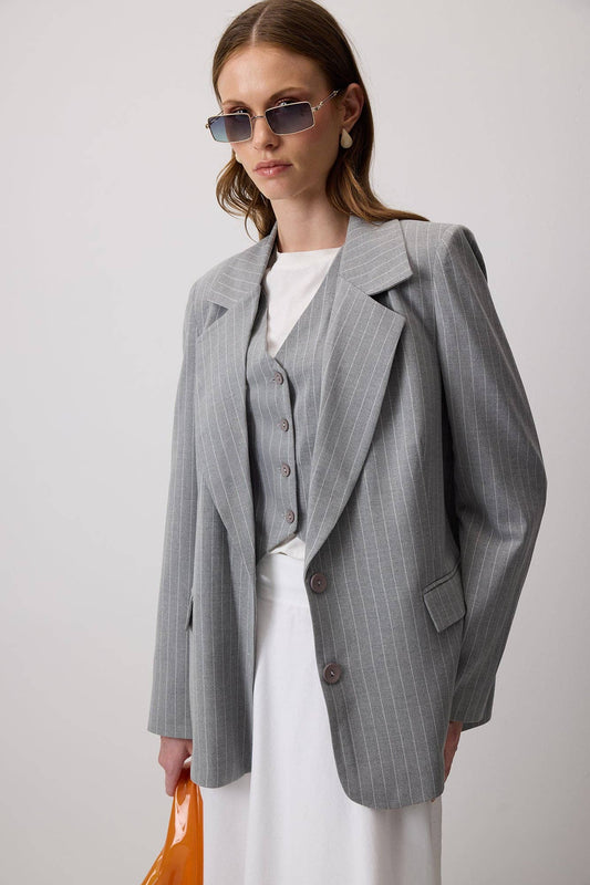 Set blazer e gilet gessato grigio