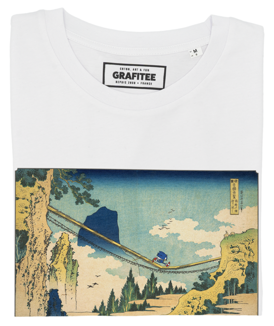 T-shirt bianca in cotone biologico con grafica riccio fluttuante ispirata a Sonic