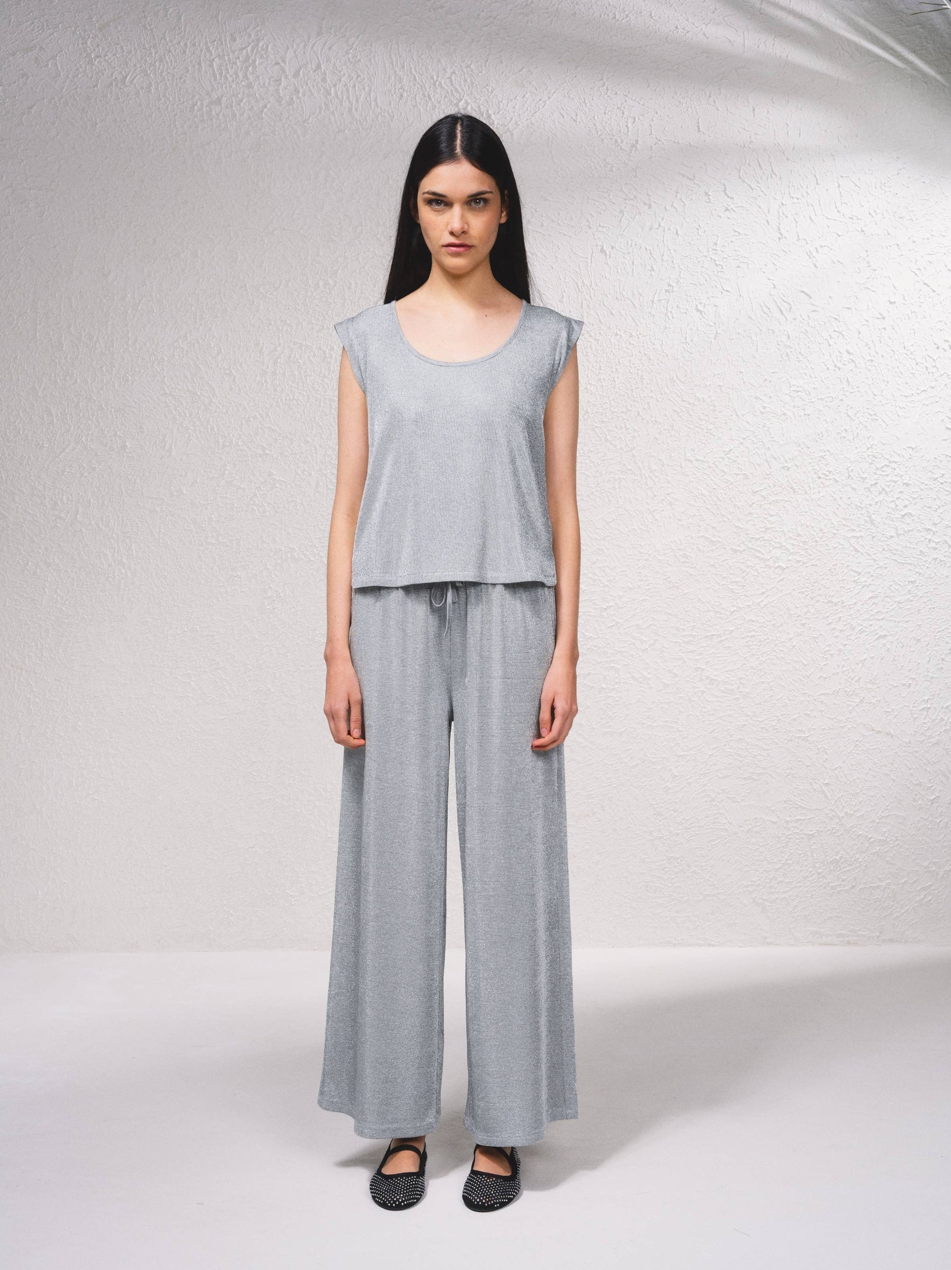 Pantaloni palazzo in lurex con coulisse