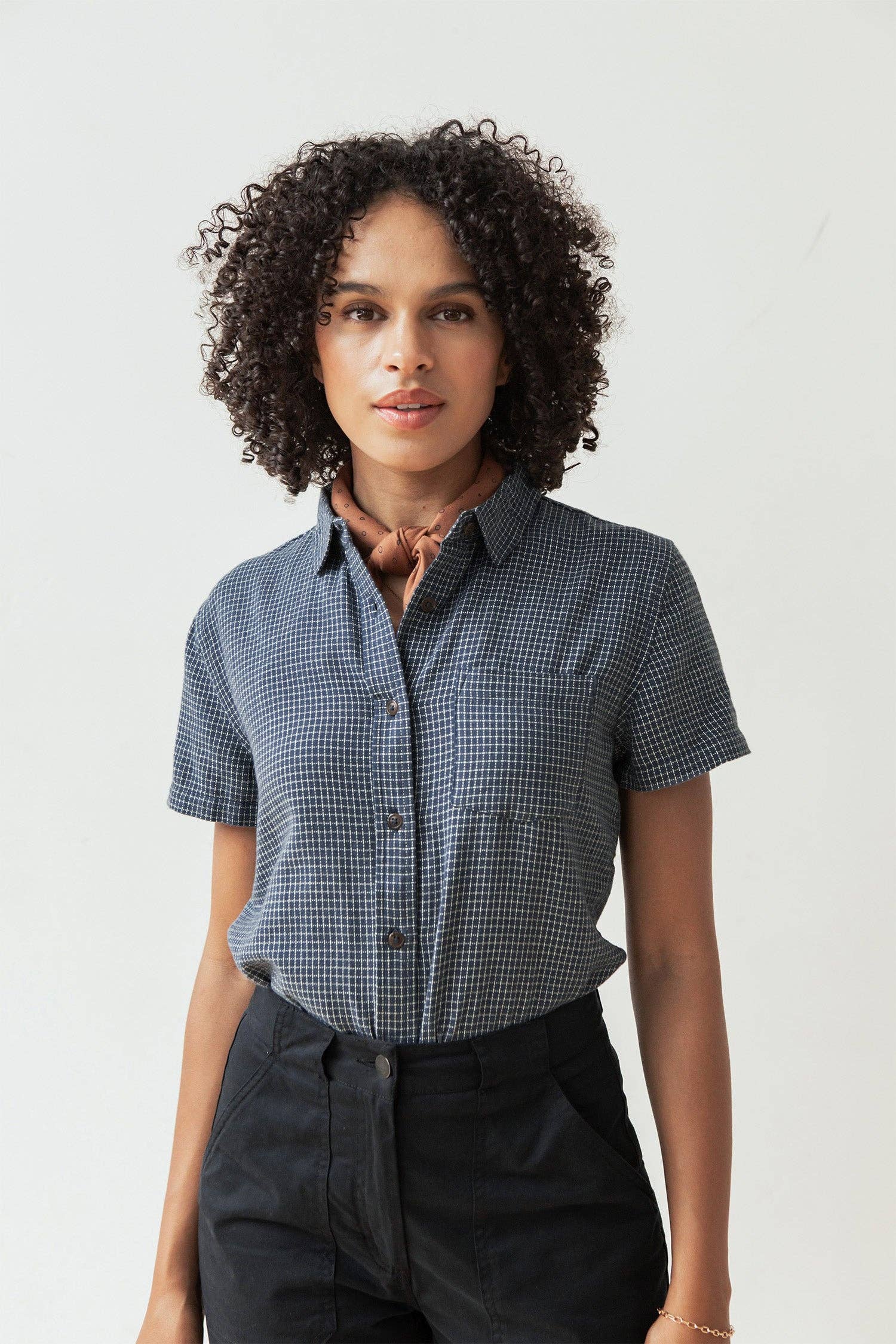 Camicia a maniche corte a quadri blu navy