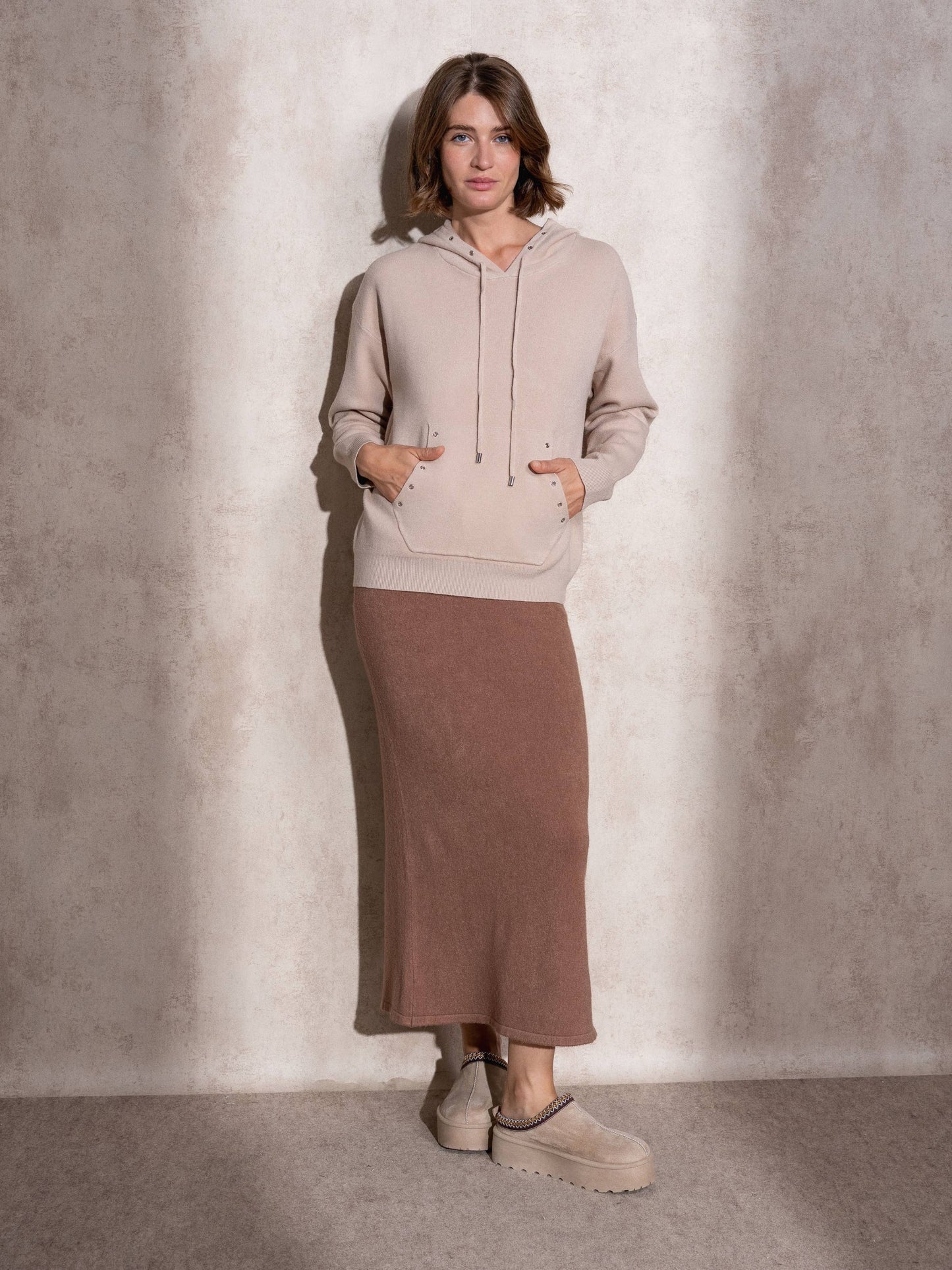 Felpa con cappuccio in maglia traforata da donna