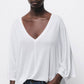 T-shirt oversize bianca in lyocell con scollo a V e maniche 3/4