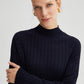 Abito lungo a costine con collo alto in blu navy