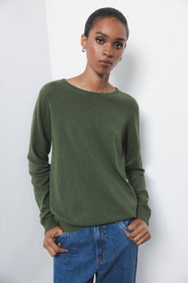 Maglione in maglia misto lana e cashmere verde con girocollo