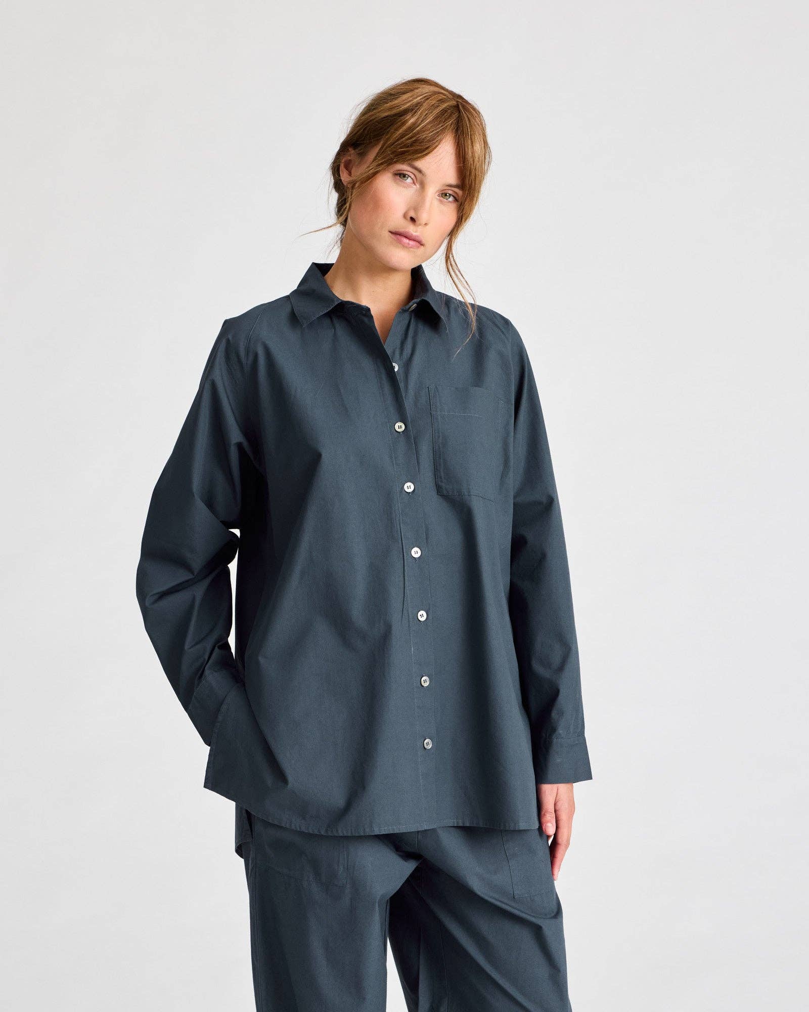 Camicia lunga in popeline con maniche raglan blu denim