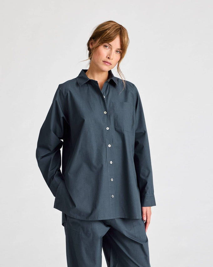 Camicia lunga in popeline con maniche raglan blu denim