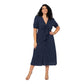 Abito lungo estivo plus size in cotone e lino blu navy