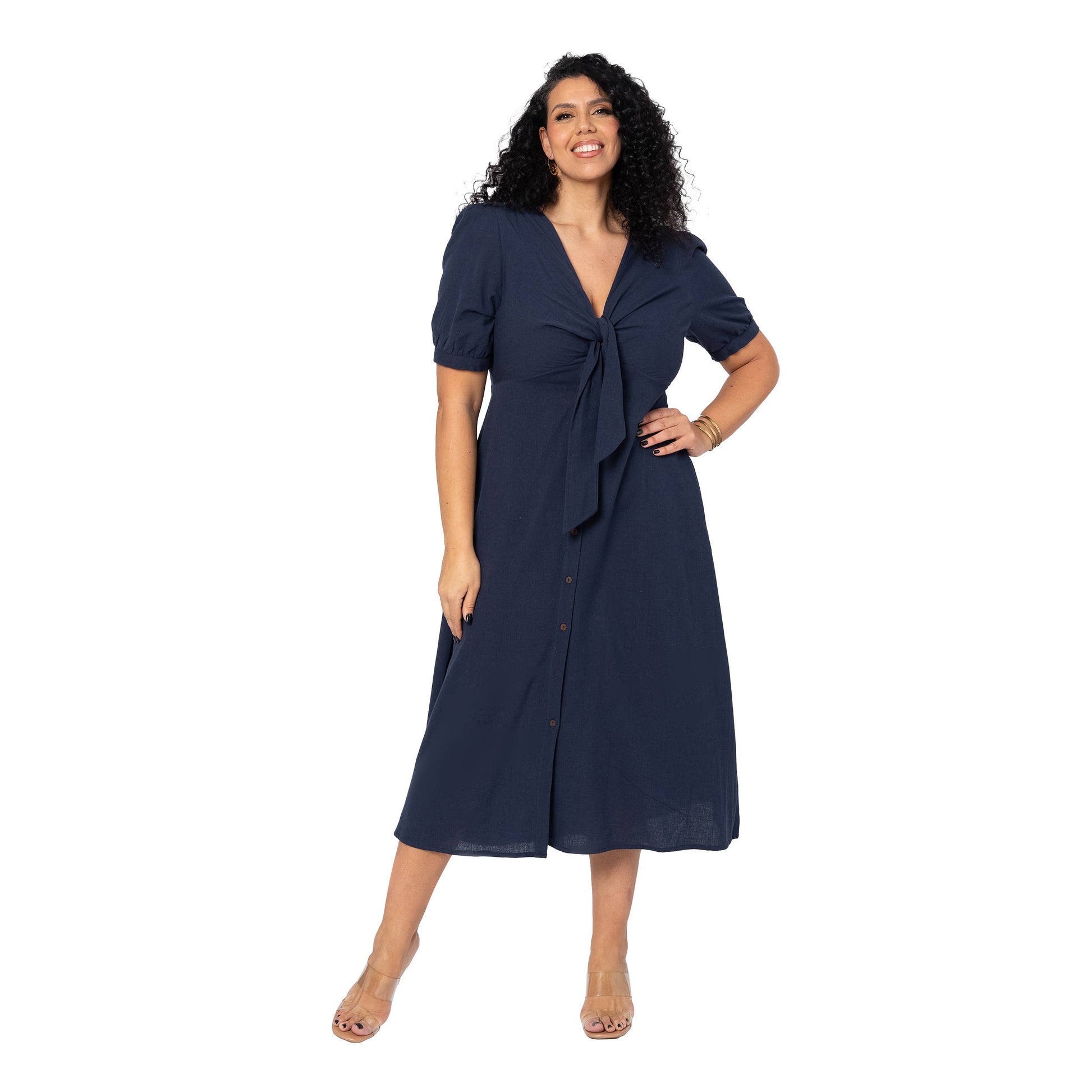 Abito lungo estivo plus size in cotone e lino blu navy