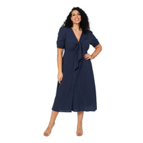 Abito lungo estivo plus size in cotone e lino blu navy