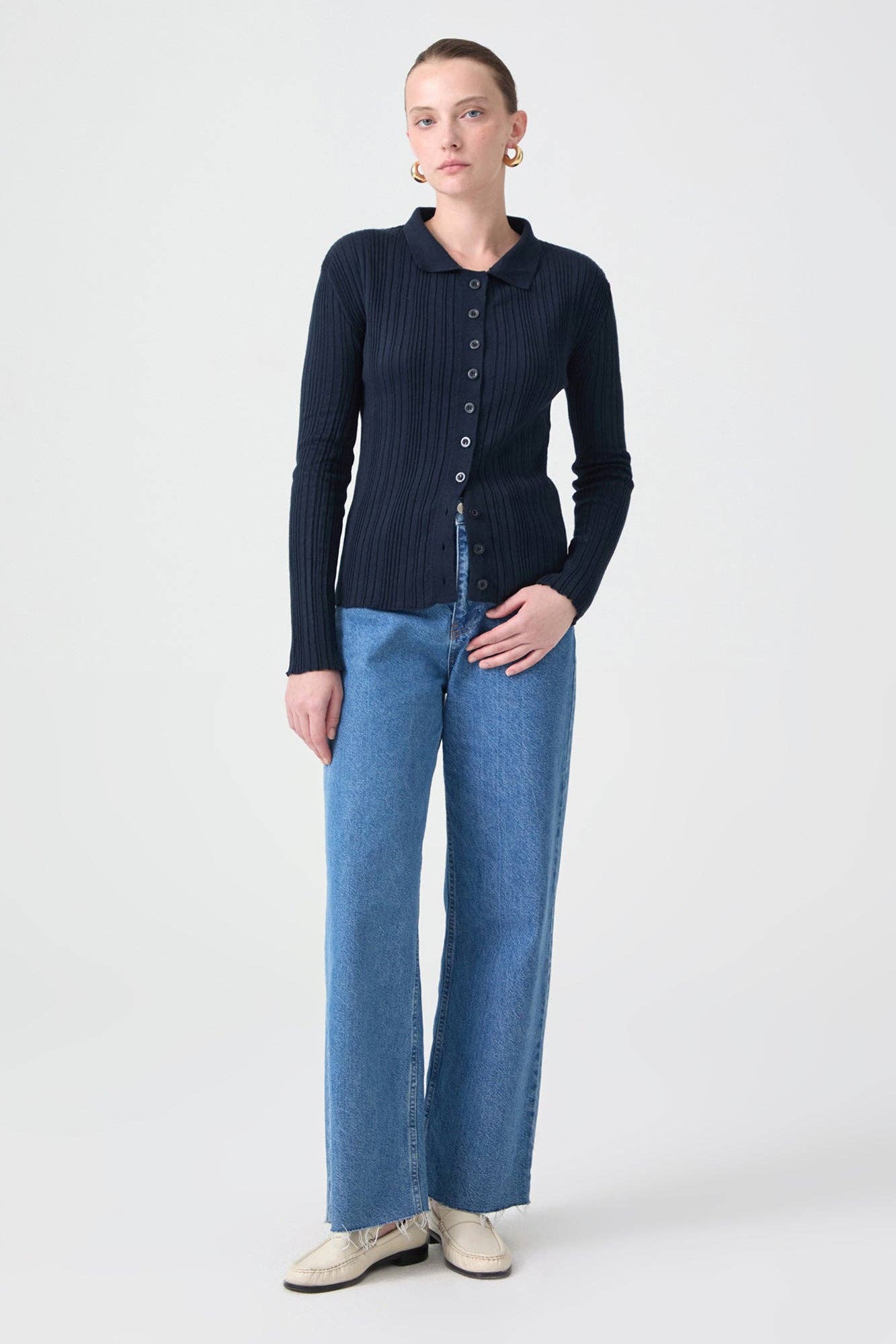 Body in maglia a coste con scollo polo
