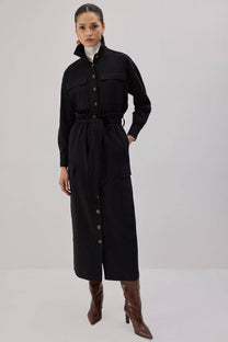 Abito chemisier cargo lungo nero in cotone