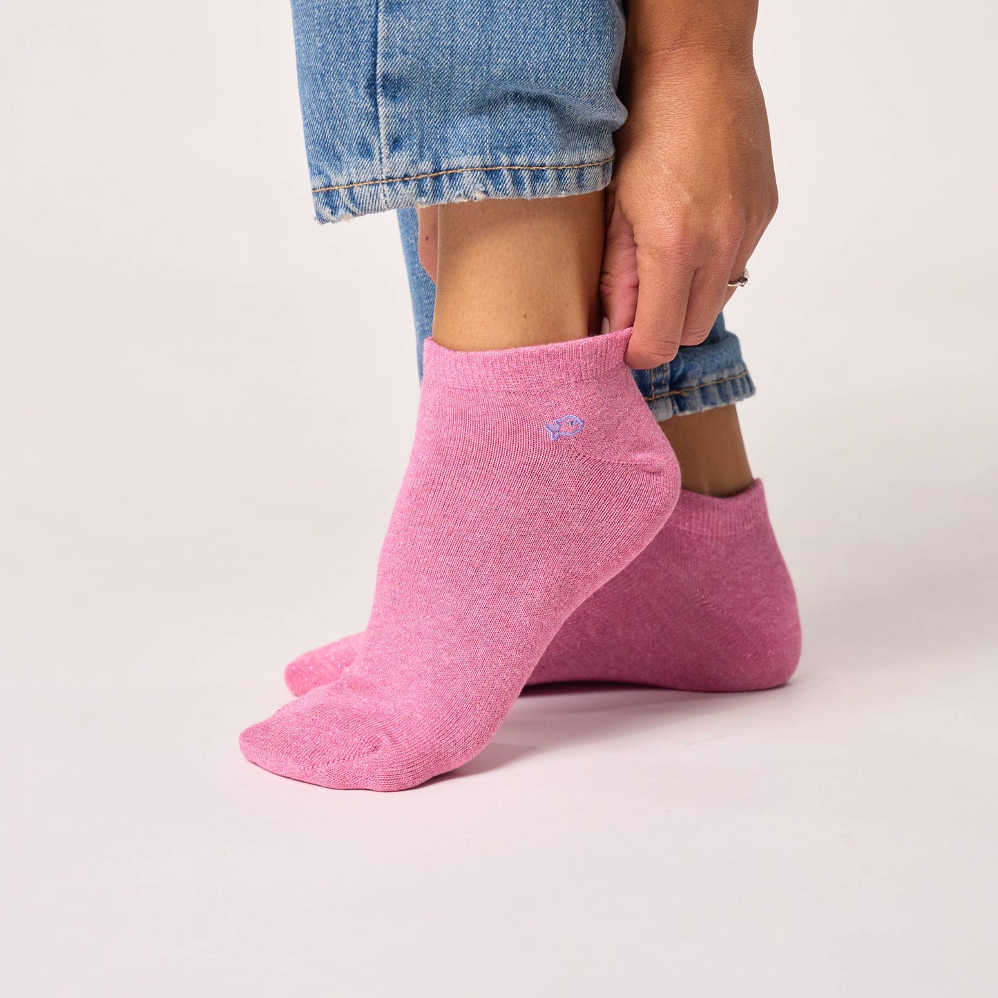 Calzini corti glitterati in cotone pettinato rosa chiaro