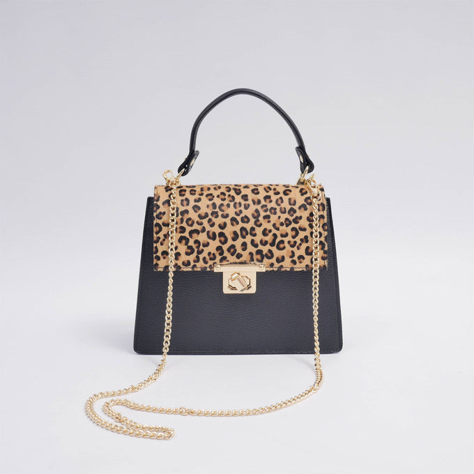 Borsa a mano in pelle bicolore con tracolla a catena