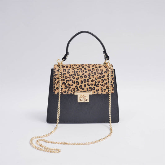 Borsa a mano in pelle bicolore con tracolla a catena