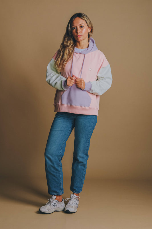 Felpa oversize donna color block rosa con cappuccio