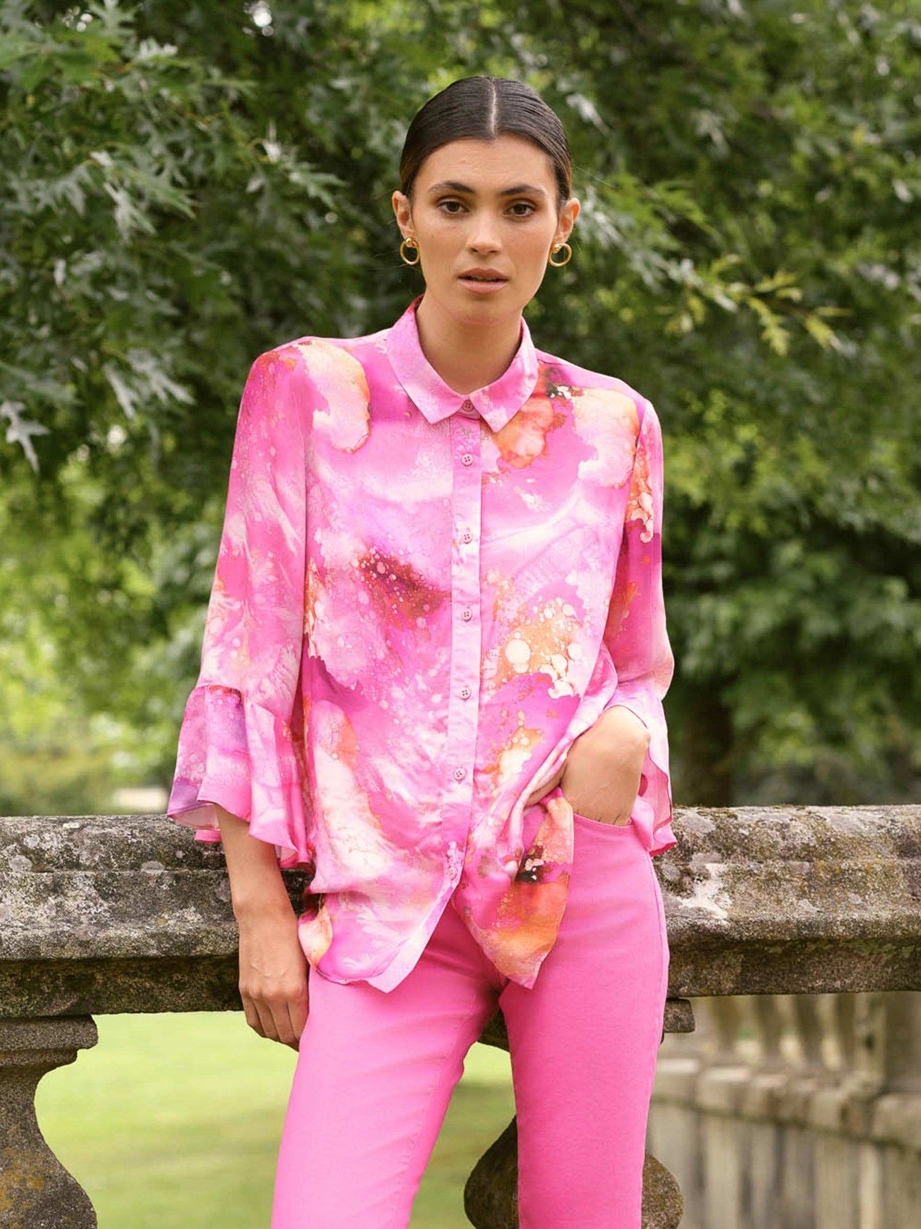 Blusa in viscosa con stampa acquerello fucsia