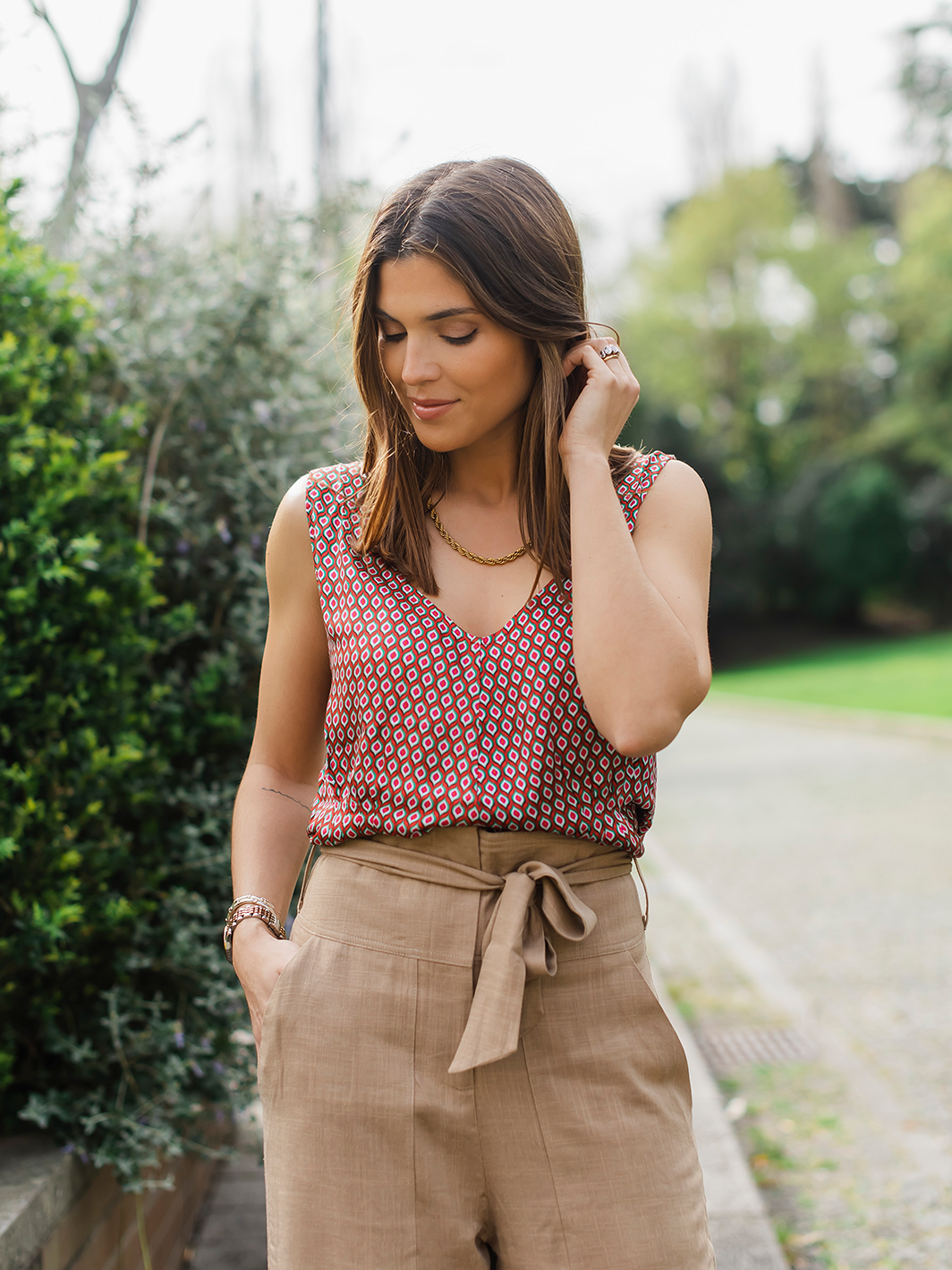 Top in viscosa con stampa geometrica rosso arancio