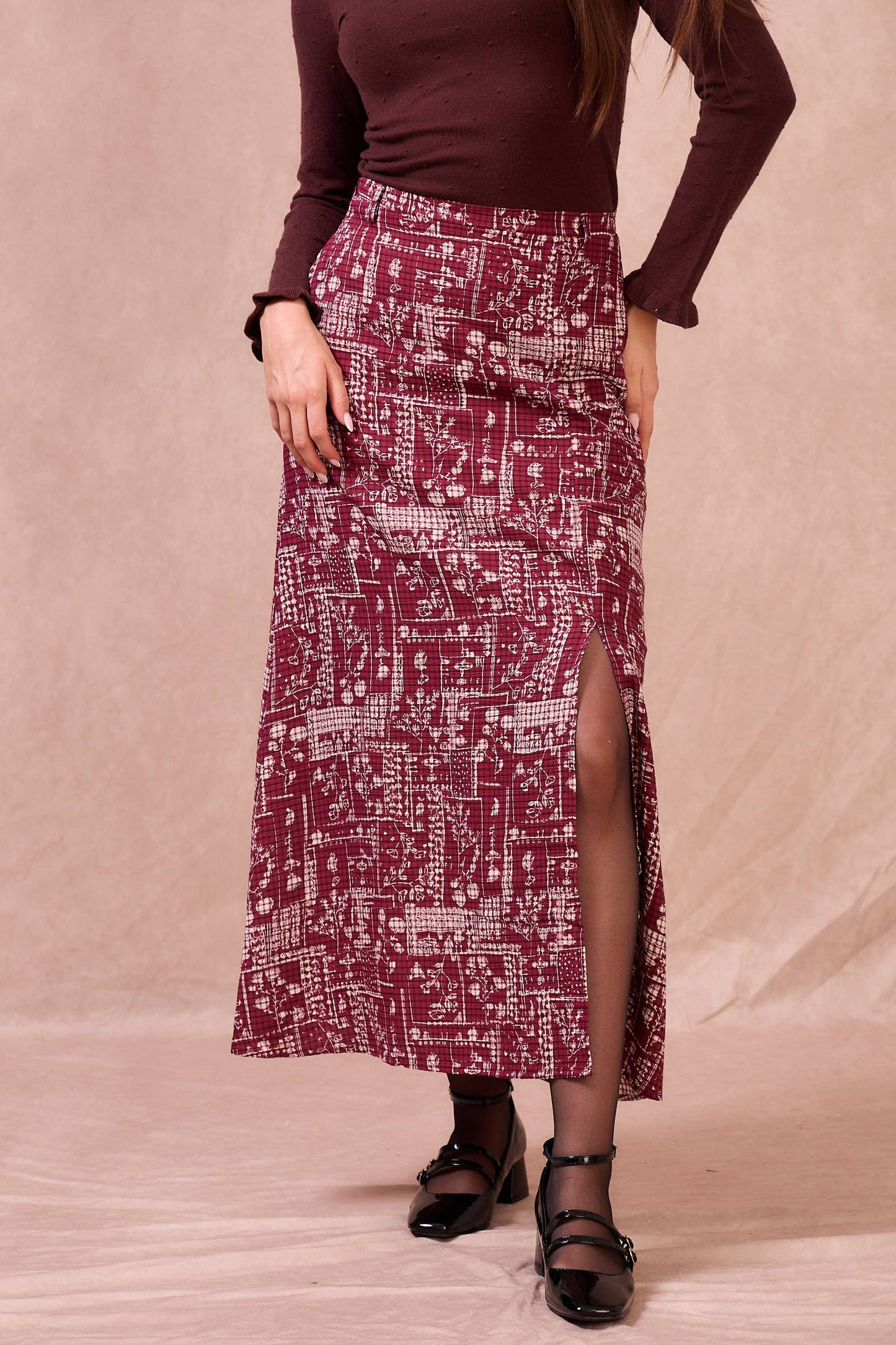 Gonna lunga boho bordeaux con spacco laterale