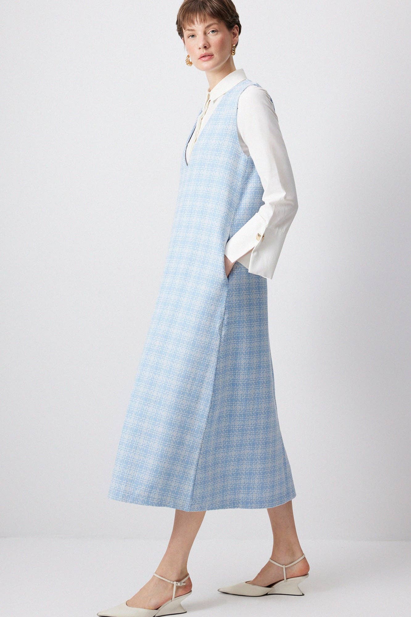 Abito midi in tweed senza maniche azzurro