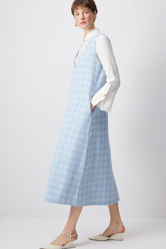 Abito midi in tweed senza maniche azzurro