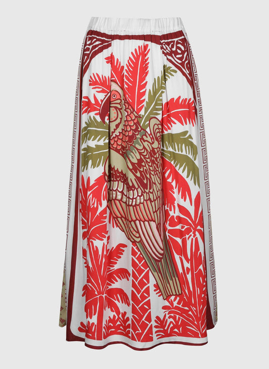 Gonna midi a vita alta con stampa pappagallo rossa