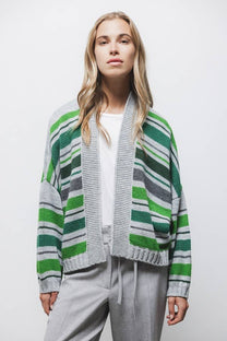 Cardigan in maglia a righe con maniche a palloncino