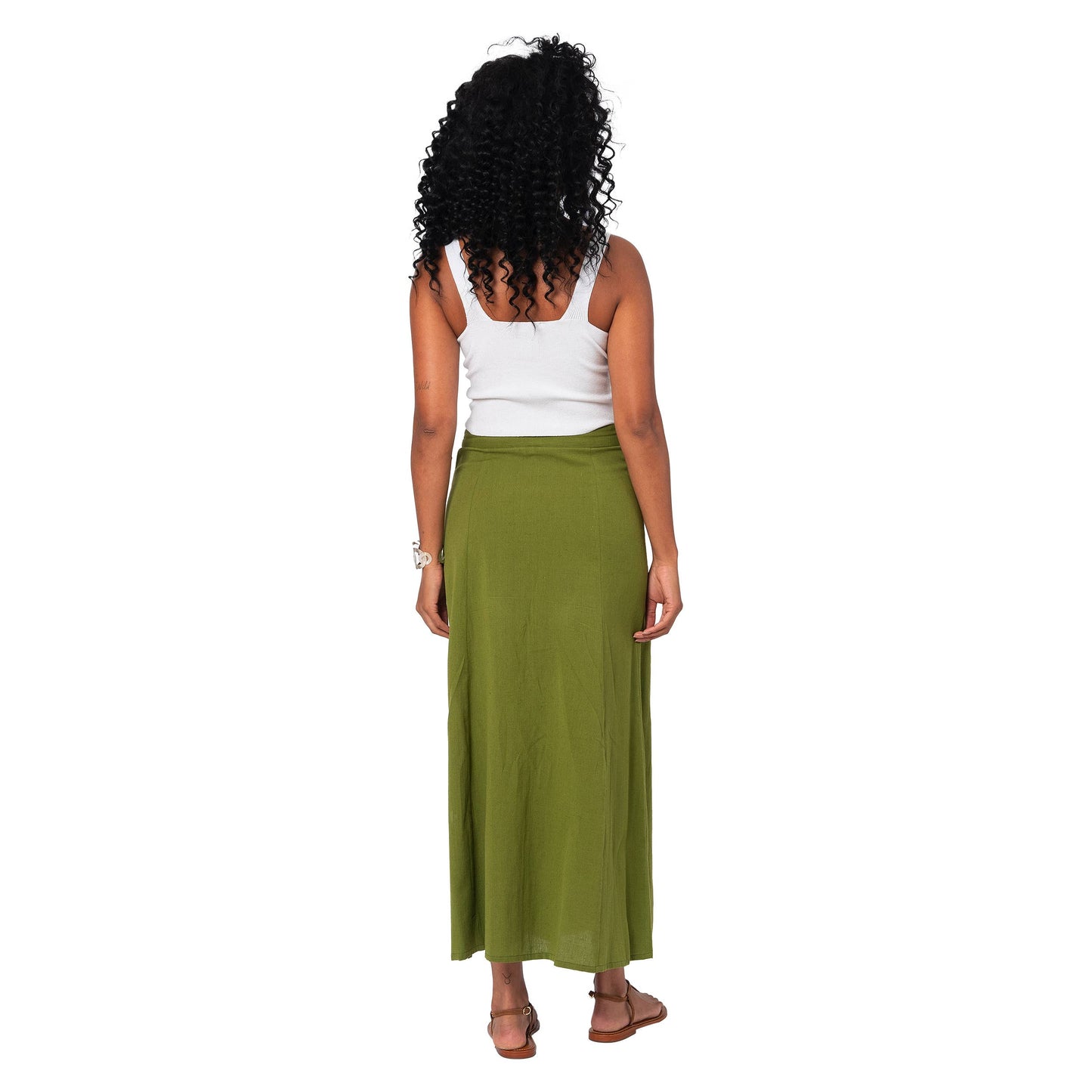 Gonna lunga estiva in cotone e lino verde con bottoni