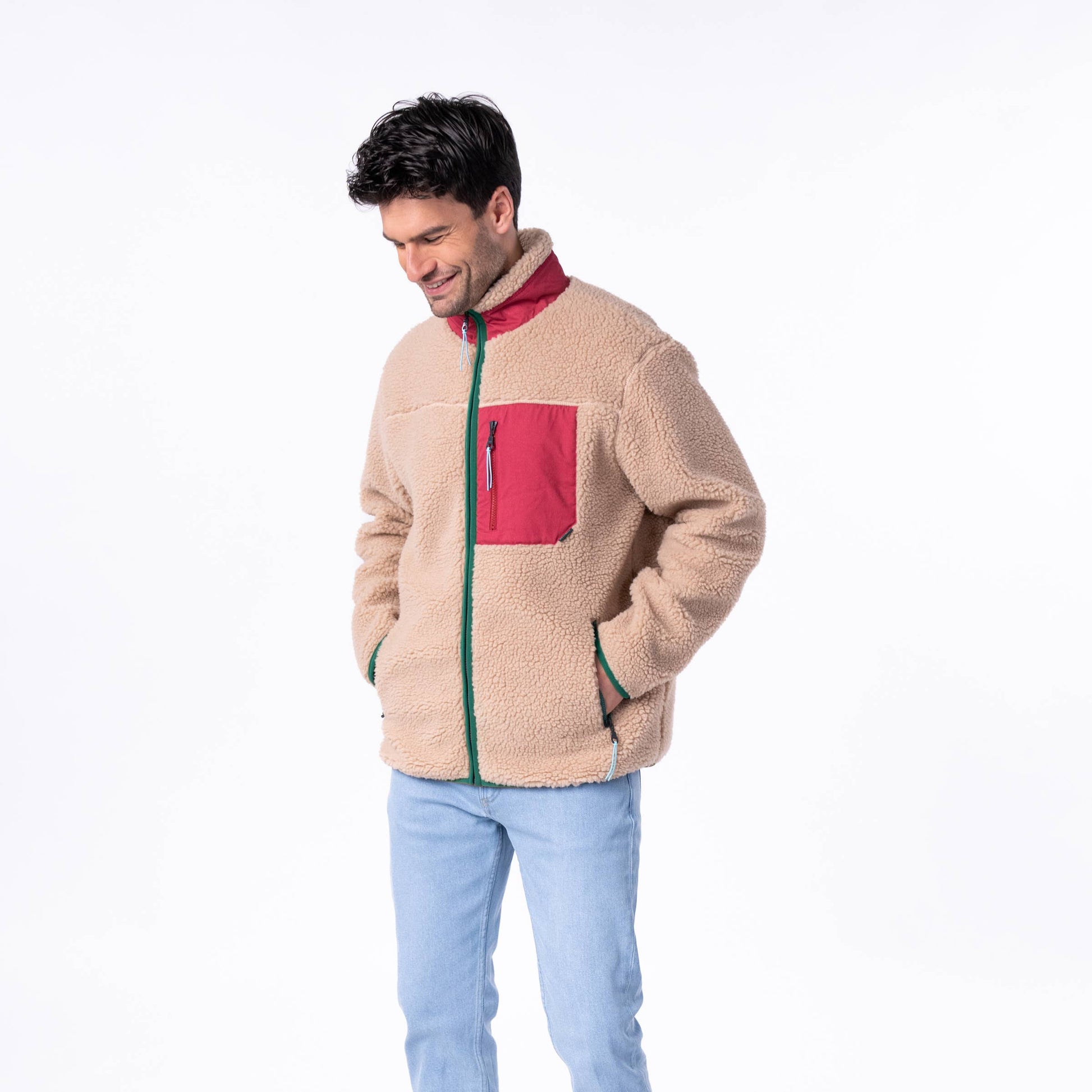 Giacca sherpa unisex con zip beige e bordeaux