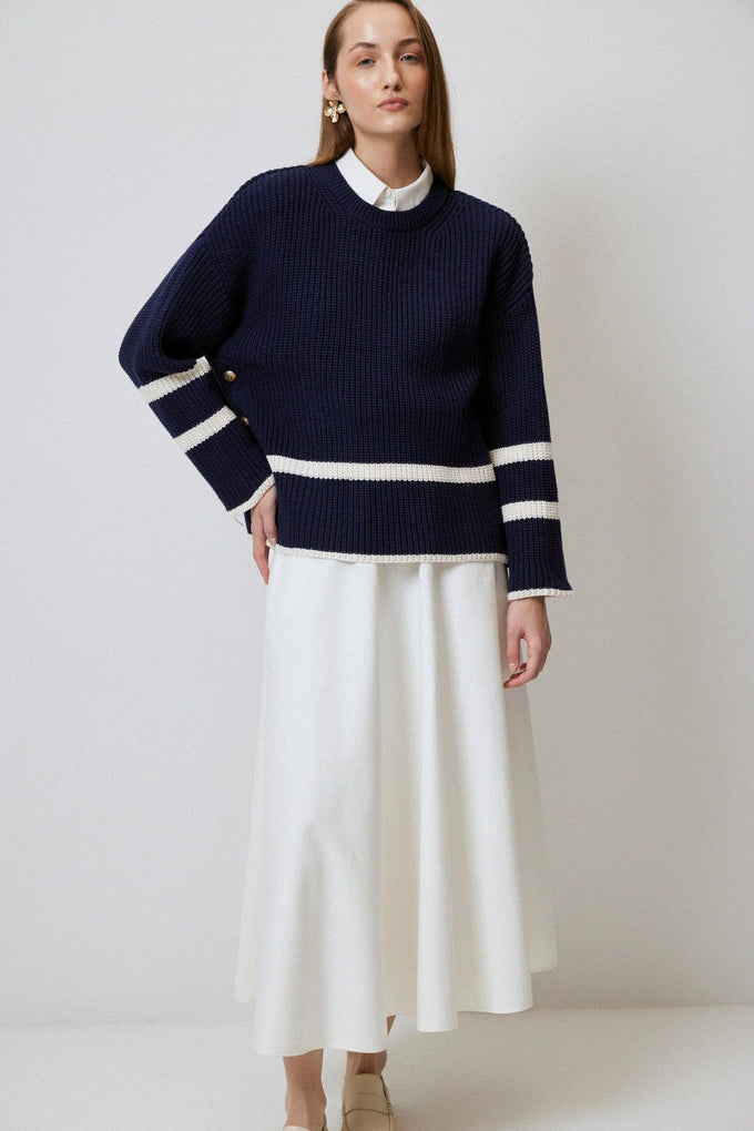 Maglione navy a righe con bottoni dorati