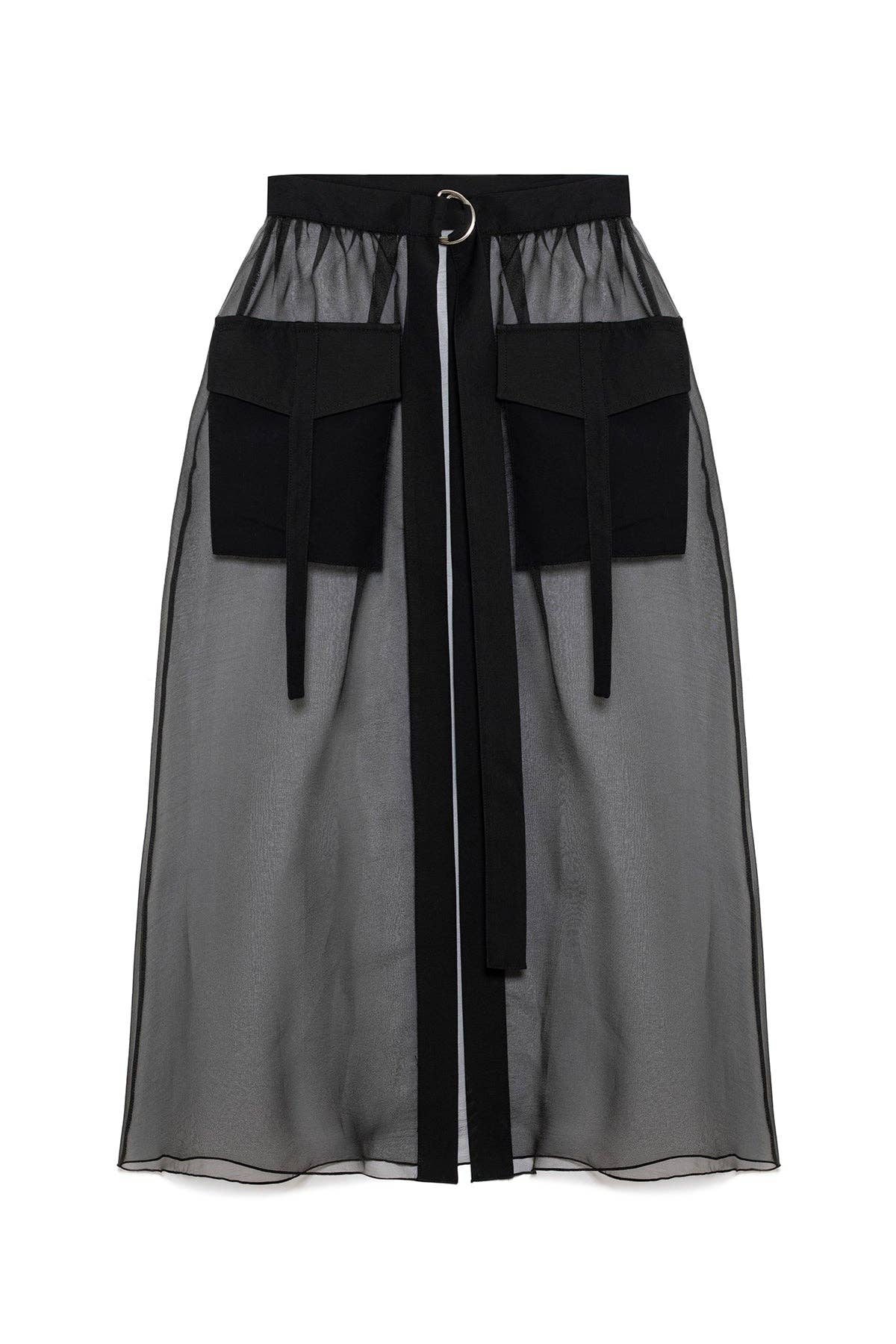 Gonna nera in organza trasparente con tasche utility