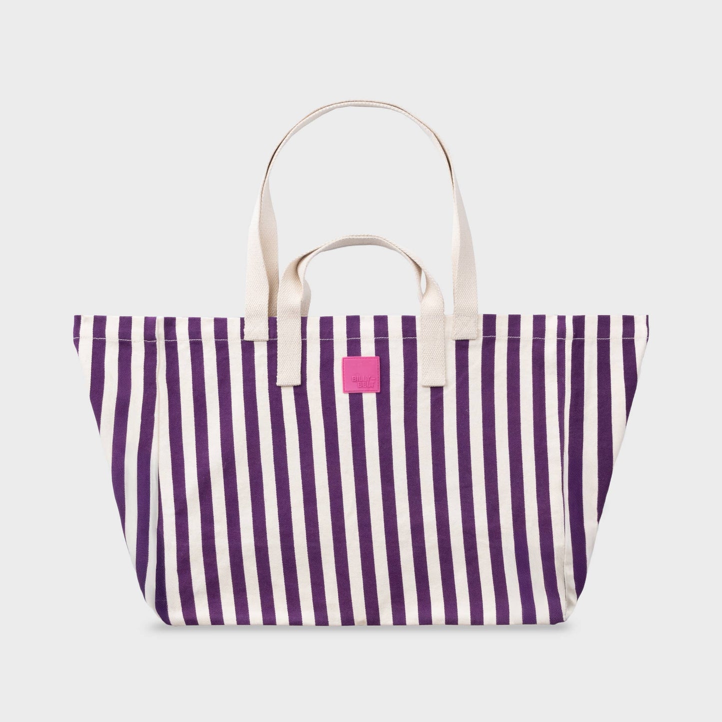Borsa shopper in cotone biologico a righe viola ed écru