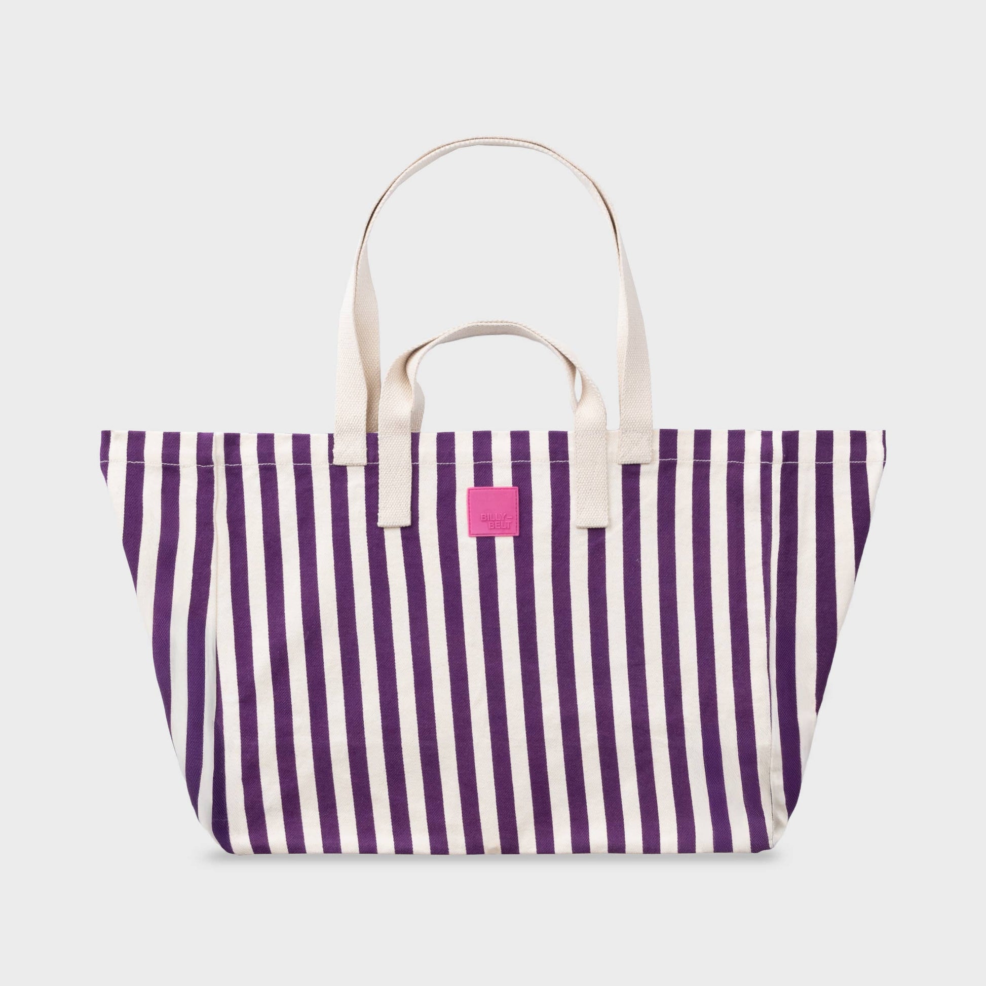 Borsa shopper in cotone biologico a righe viola ed écru