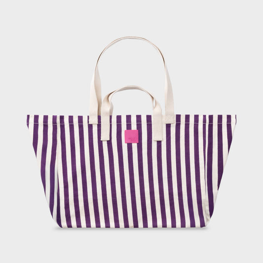 Borsa shopper in cotone biologico a righe viola ed écru