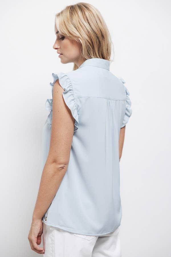 Top smanicato con collo alla coreana e volant