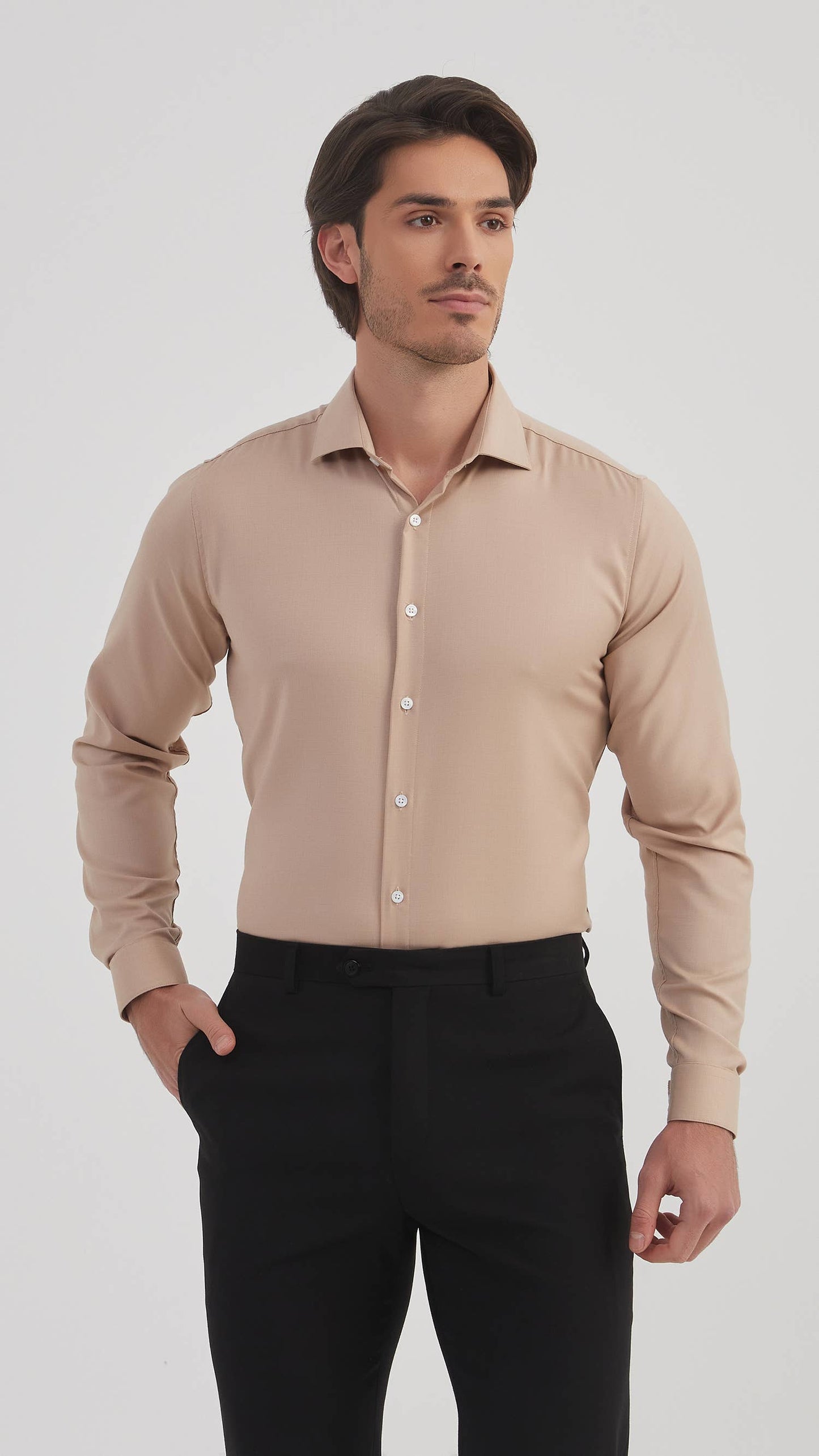 Camicia slim fit in bambù beige