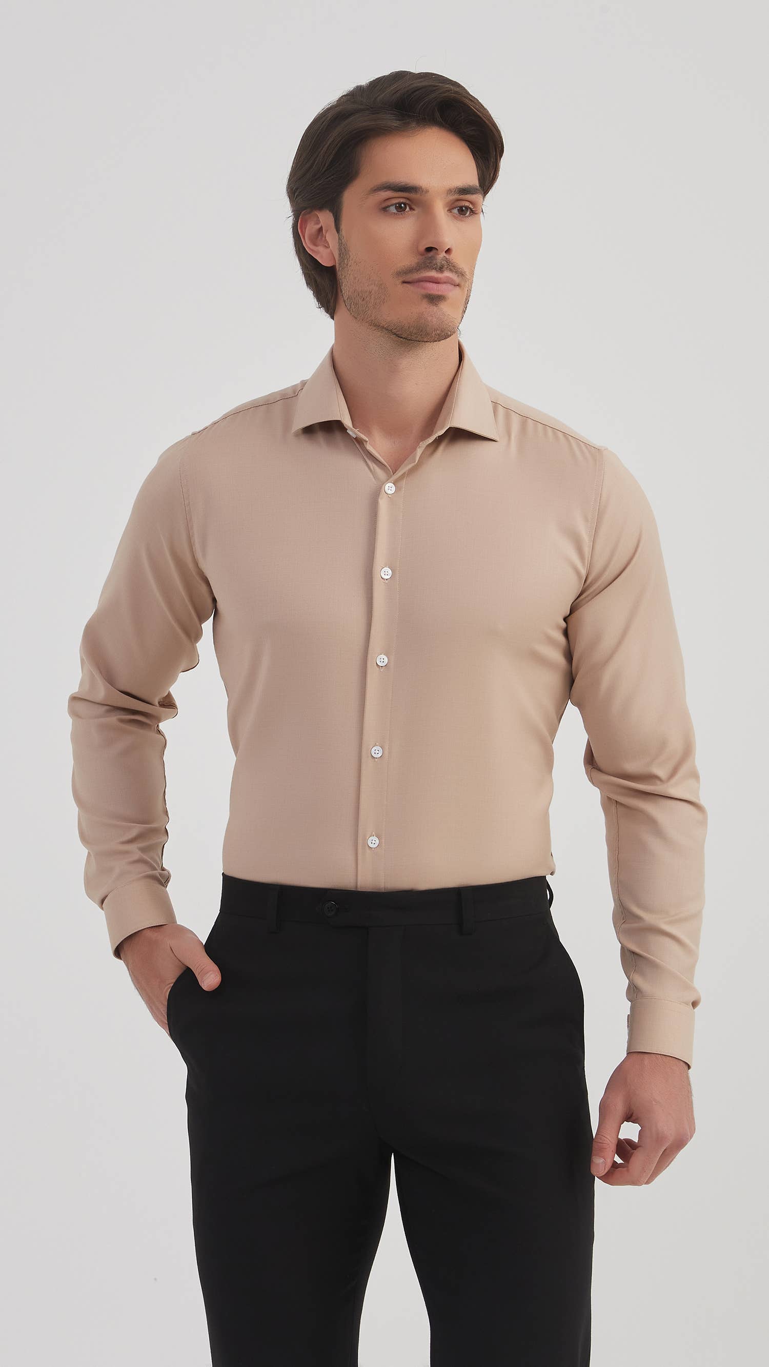 Camicia slim fit in bambù beige