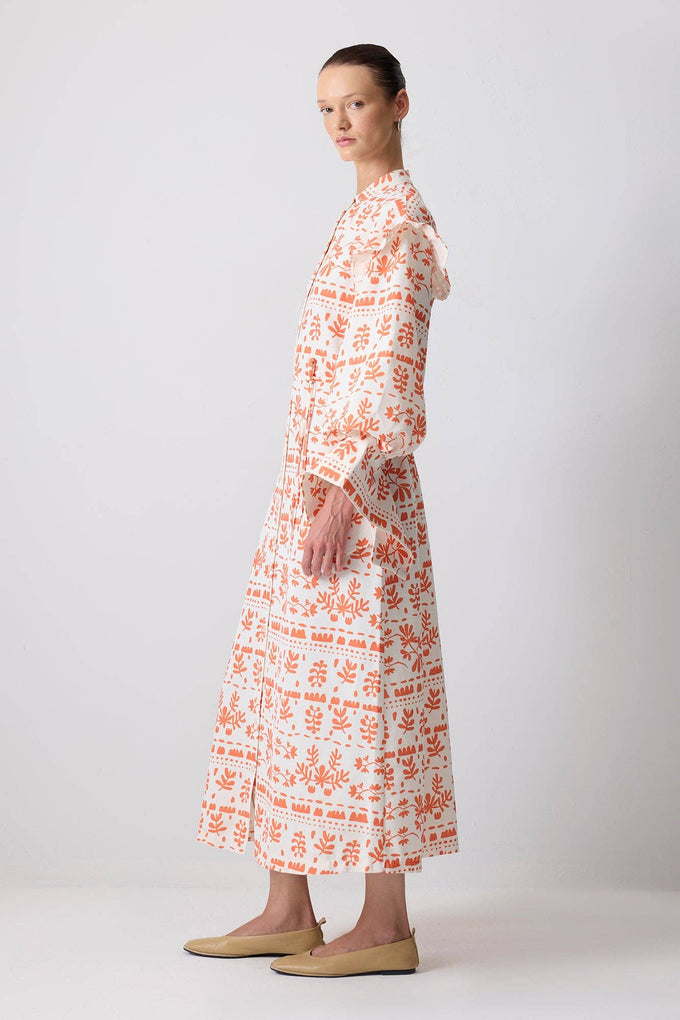 Abito maxi floreale arancione in misto lino con maniche a volant