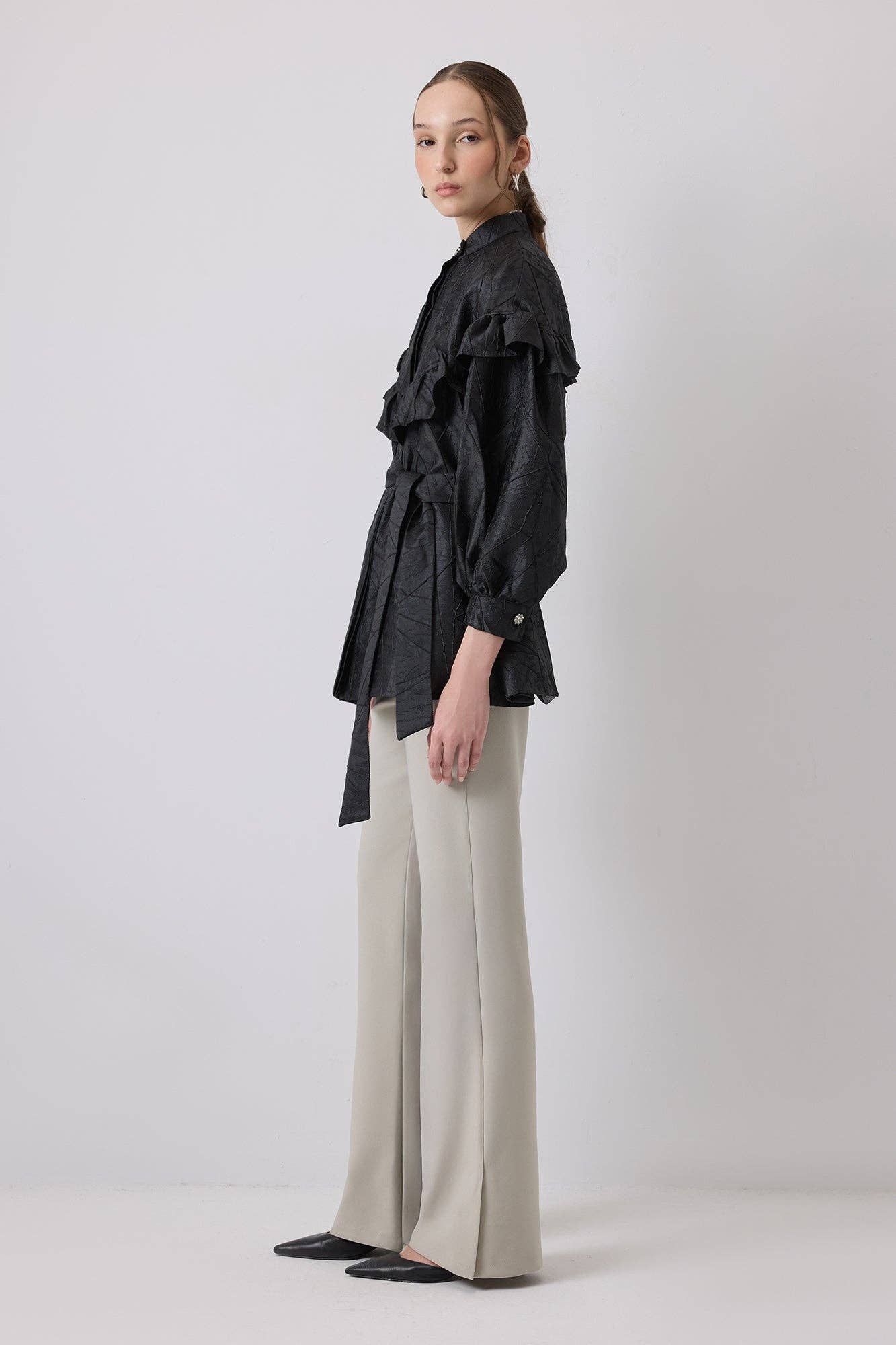 Giacca jacquard oversize con volant
