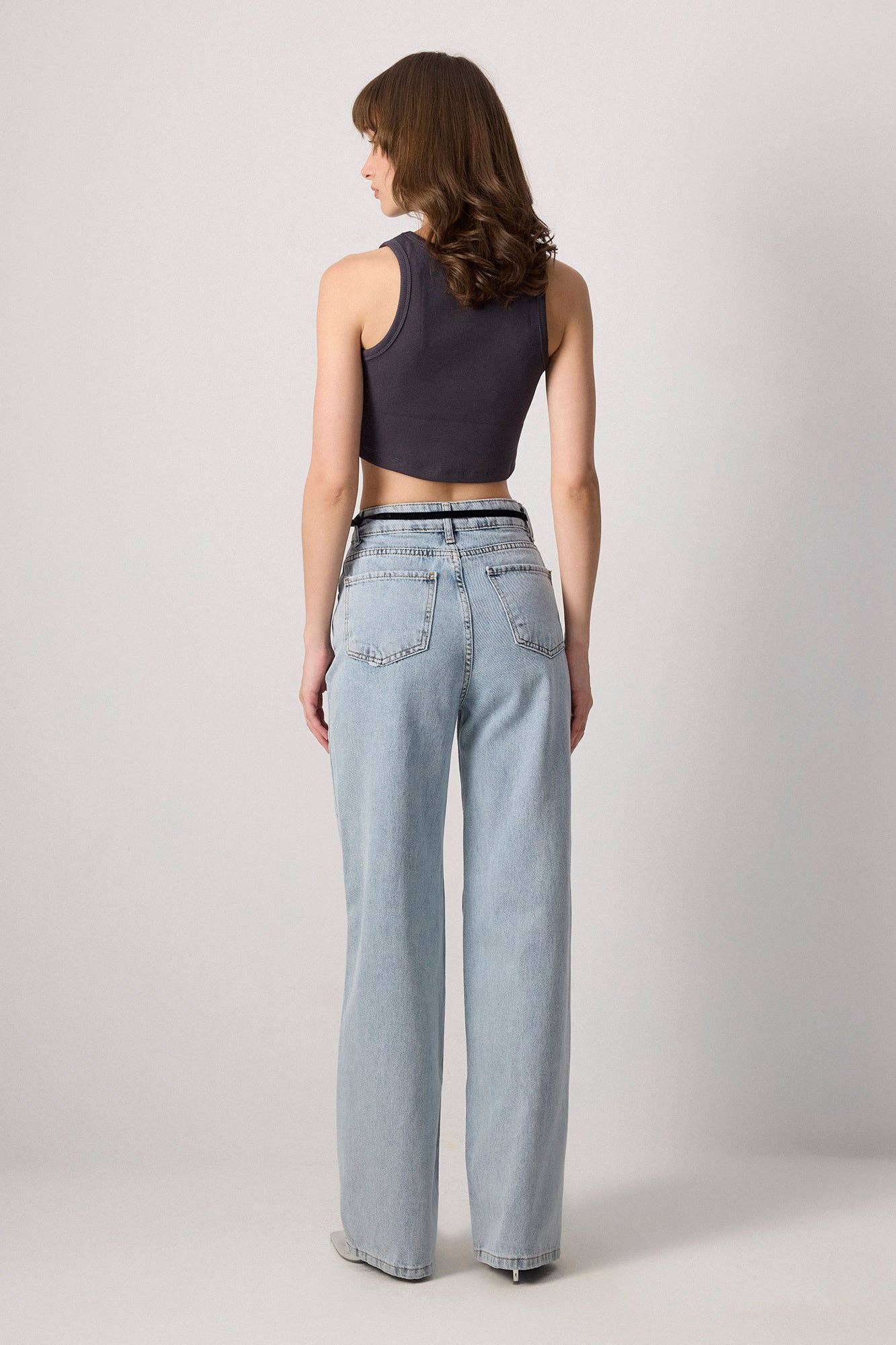 Top crop a coste in cotone antracite