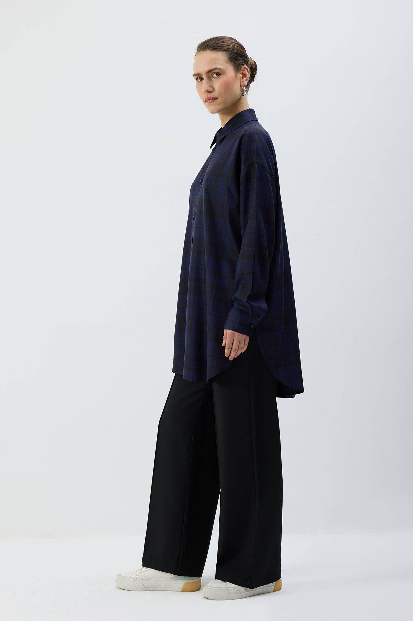 Camicia a quadri oversize in viscosa blu navy