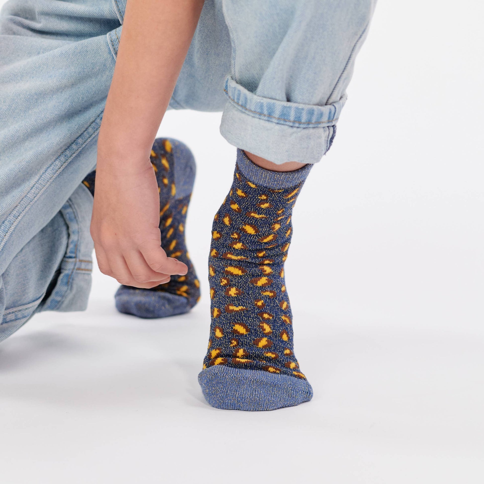 Calzini bambina leopardati glitter blu marino