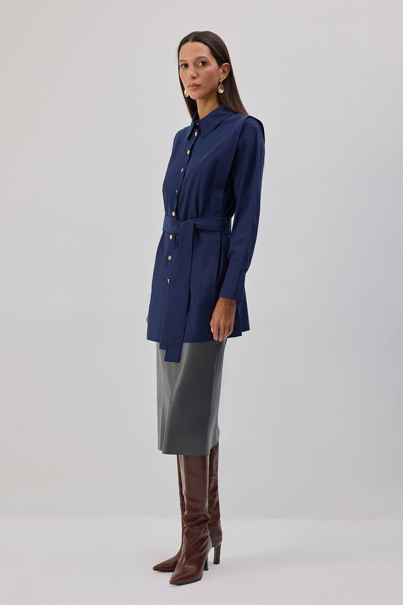Camicia lunga in popeline con cintura